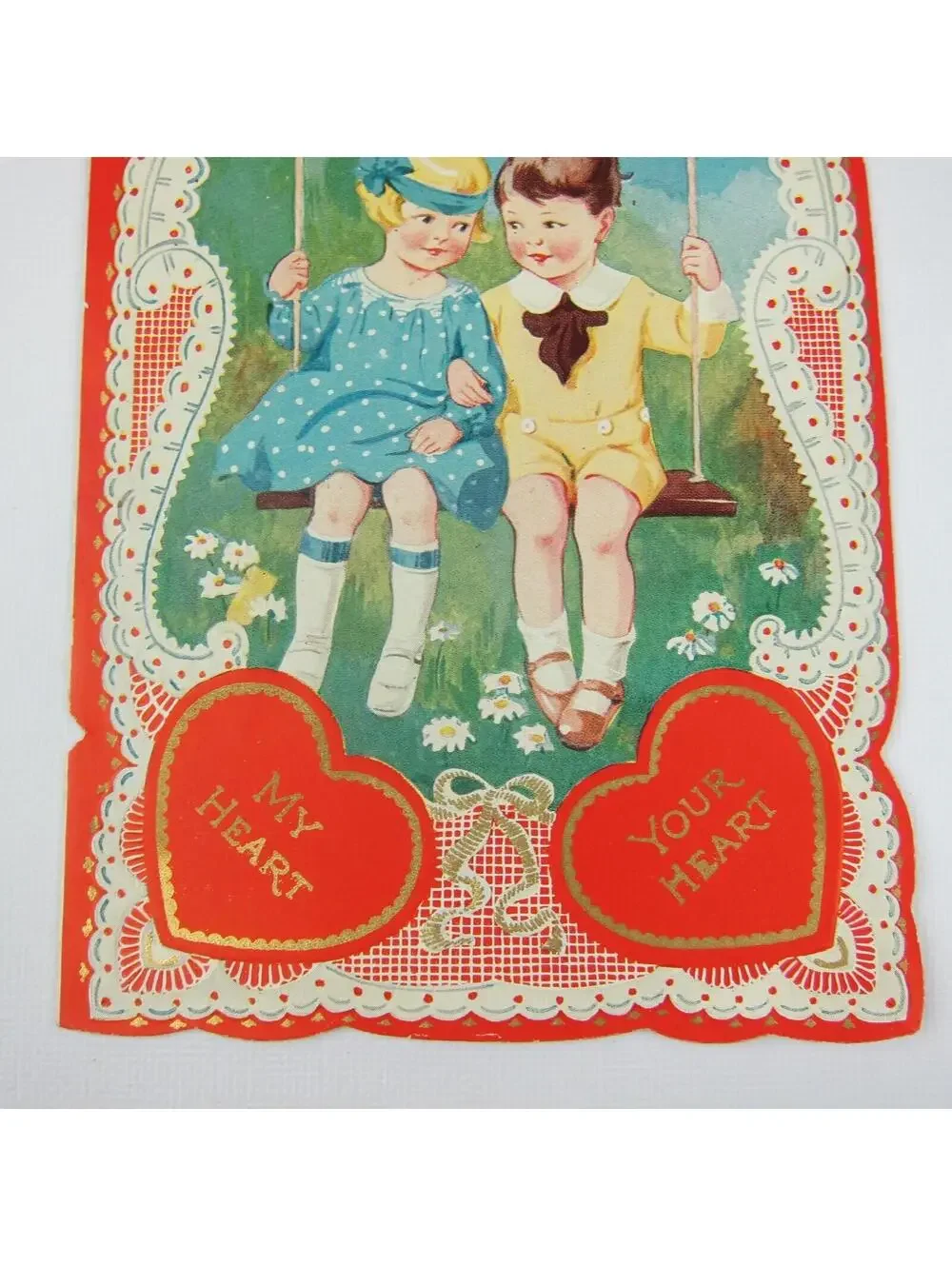 Antique Valentine Blonde Girl Blue Dress Boy Swing Daisy Flowers Die cut Bifold